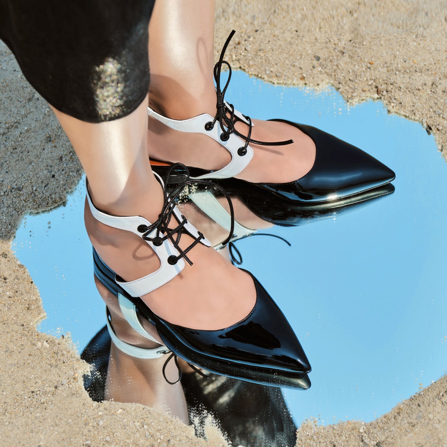 Gatsby Ballerine 30 Noir Blanc Cuir Vernis