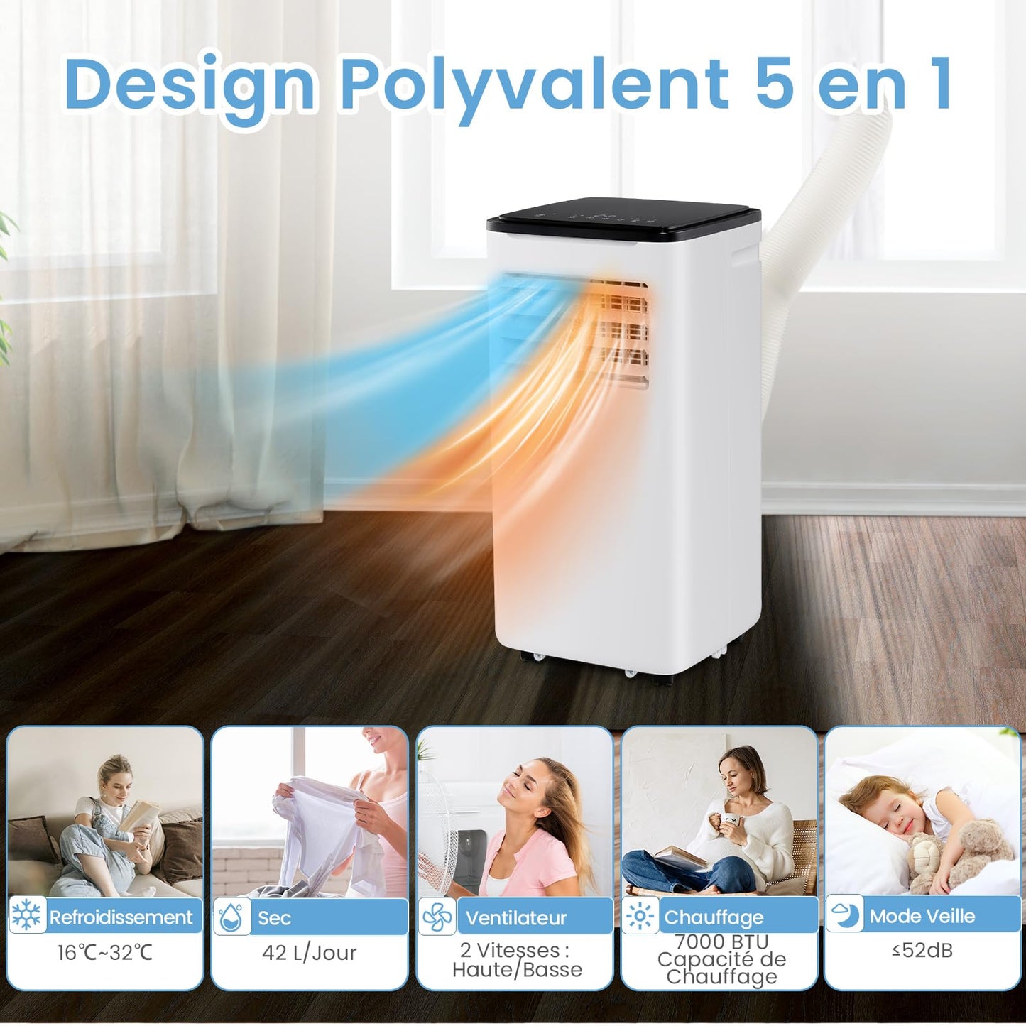 RELAX4LIFE Climatiseur Mobile 9000 BTU, 5 EN 1 Froid/Vent/Déshumi/Chauffage/Sommeil, 16-32℃, Climatiseur Mobile avec Evacuation, Clim Chambre Silencieux 9000 BTU, 20 ㎡, WIFI, Kit de Fenêtre