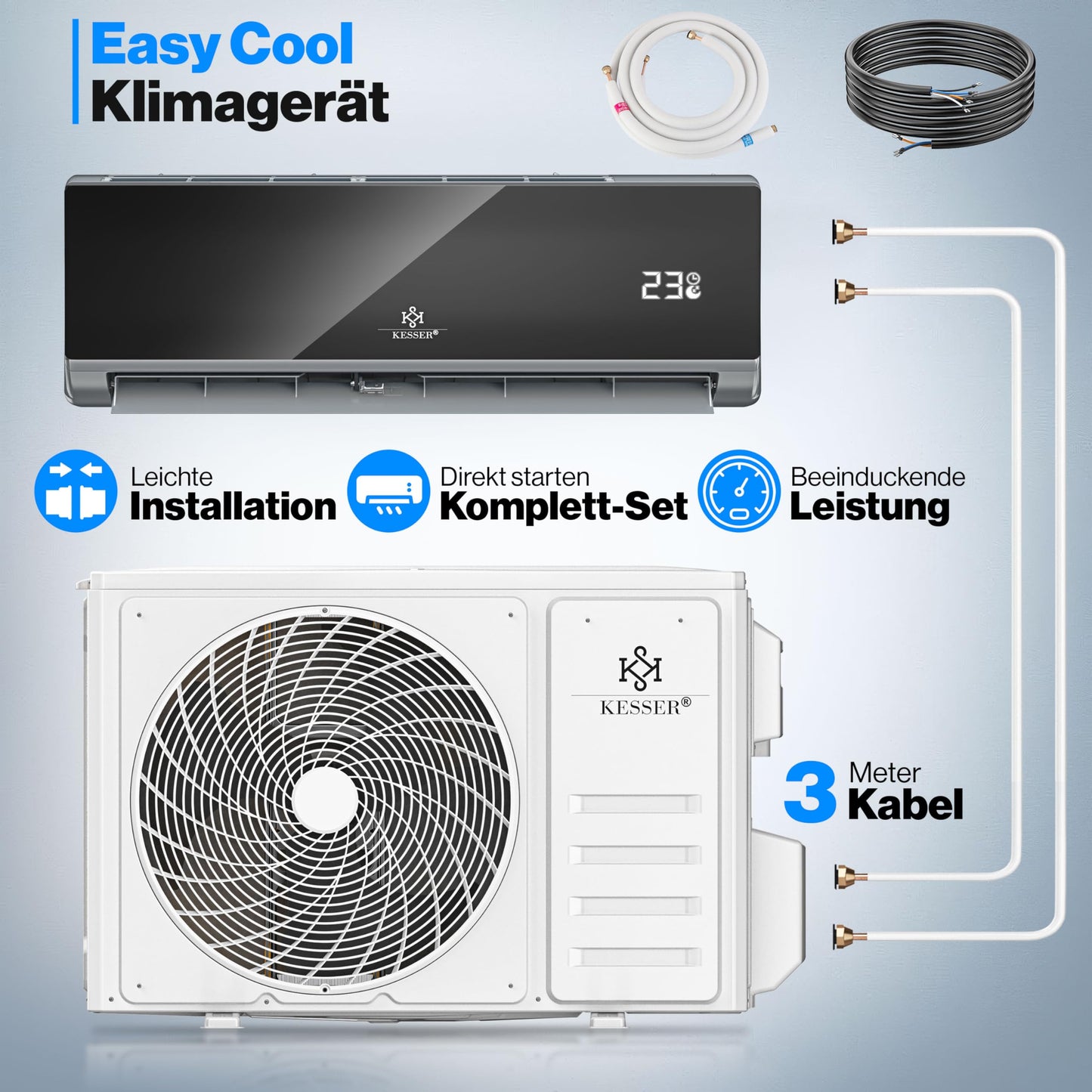 KESSER® Climatisation SET réversible - Climatiseur avec fonction WiFi/Application - Refroidissement A++/ Chauffage A+, Fluide réfrigérant R32 - Écran LCD, Split 12000 BTU/h / 3400 Watt - Anthrazit