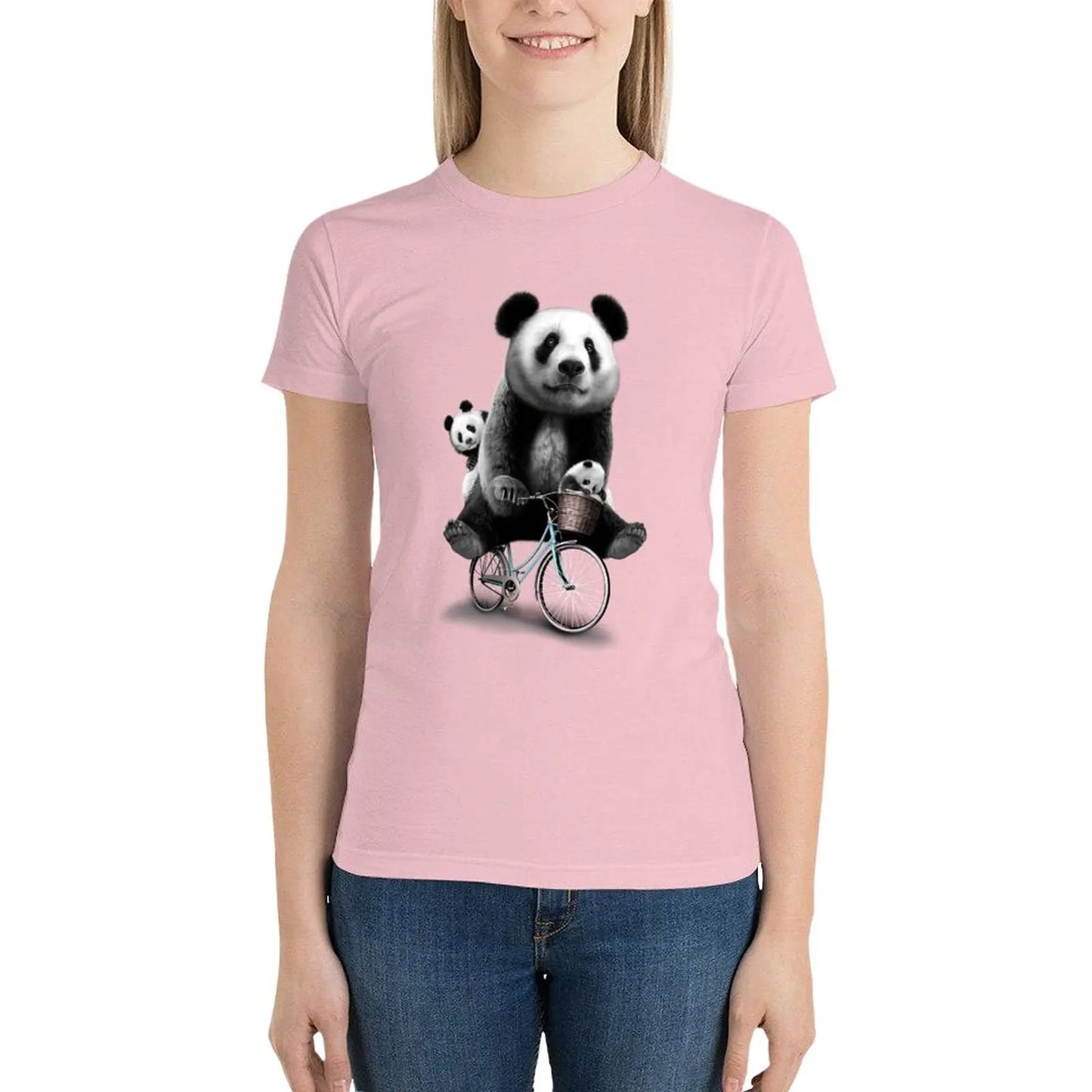 White T-Shirt Papa Panda Riding a Bike